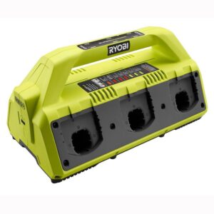 Battery Charger 18-Volt 6-Port Dual Chemistry IntelliPort Ryobi Charges up to six 18-Volt ONE+ batteries (1 at a time) in as little as 30 minutes per battery. Battery Charger 2 Amp USB output charges phones and tablets. Indicator lights show status as batteries are charged and maintained Temperature LED indicates when a battery is too hot or too cold to charge Energy Save Mode conserves energy when not charging or maintaining batteries, protects battery cells and maximizes battery life Innovative charger design can mount on the wall, sit on a bench, or stand up vertically to accommodate your work space Batteries lock securely into place for easy transport Part of the RYOBI ONE+ System of over 125 Cordless Tools 3-year manufacturer's warranty Includes: (1) P135 18-Volt ONE+ 6-Port Dual Chemistry IntelliPort SUPERCHARGER with USB Port and operator's manual Batteries not included