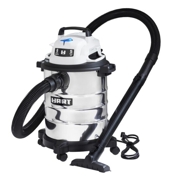 6 Gallon Stainless Steel Tank Wet Dry Vacuum Premium 6 gallon stainless steel tank Powerful 5 Peak HP† High performance motor Complete vac organization with on-board hose, cord and accessory storage, locking accessories, 8-foot power cord with cord storage Easily converts to blower 14' cleaning reach with hose and power cord Large on/off dust sealed switch wet/dry vac with an array of locking accessories Perfect both for household use and commercial use.