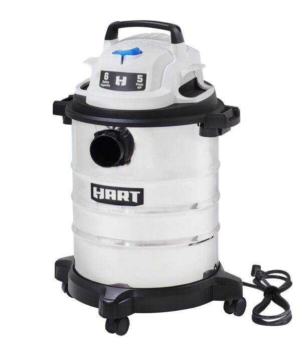 6 Gallon Stainless Steel Tank Wet Dry Vacuum Premium 6 gallon stainless steel tank Powerful 5 Peak HP† High performance motor Complete vac organization with on-board hose, cord and accessory storage, locking accessories, 8-foot power cord with cord storage Easily converts to blower 14' cleaning reach with hose and power cord Large on/off dust sealed switch wet/dry vac with an array of locking accessories Perfect both for household use and commercial use.