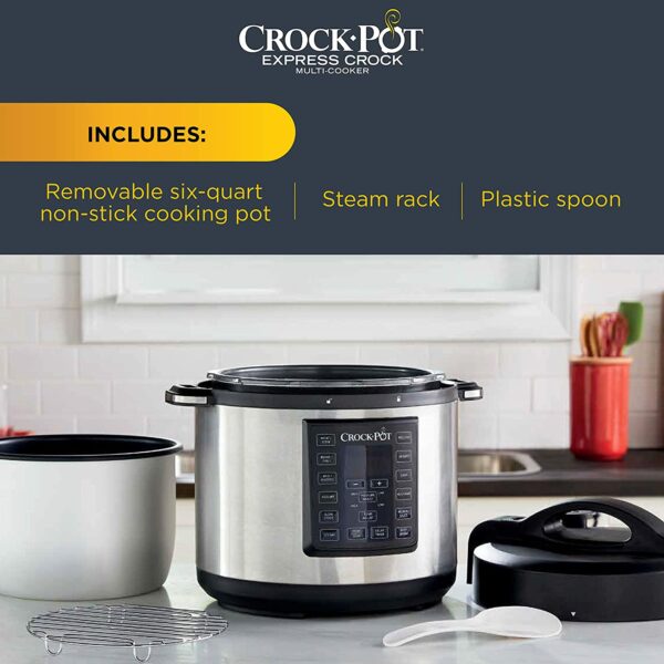 6 Quart 8 in 1 Multi Use Express Crock Programmable Pressure Cooker, Slow Cooker, Sauté & Steamer Stainless Steel 1