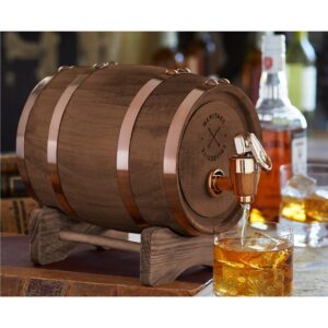 Whiskey Barrel Whiskey Barrel 27oz Barrel Store Whiskey and other spirits Infuse flavors into the spirits by dropping fresh herbs into the barrel Spout dispenses cleanly and easily fills glasses. High storage capacity of 27oz/Barrel Wood, Metal Hand wash
