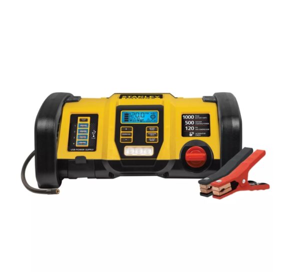 Stanley Fatmax 1000 Peak Amp Power Station 500 amps/1000 peak amps jump-starter with heavy-duty cables and clamps 120 PSI air compressor with Autostop™ feature Four USB charging ports to power and recharge electronic devices (6.2A combined) Alternator check capability indicates potential alternator issues Includes ultra bright LED emergency worklight (three bulbs) Heavy-duty, powder-coated jump starter clamps with 24″ reach To re-charge, just plug in an extension cord and connect to wall outlet (extension cord not included) 16″ x 3.2″ x 6″