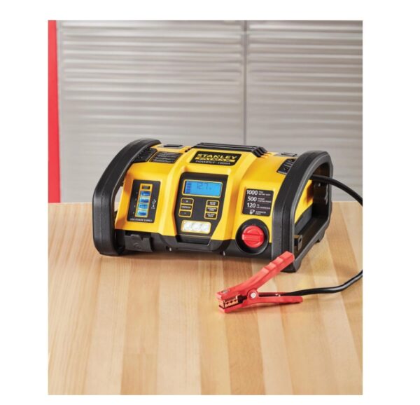 Stanley Fatmax 1000 Peak Amp Power Station 500 amps/1000 peak amps jump-starter with heavy-duty cables and clamps 120 PSI air compressor with Autostop™ feature Four USB charging ports to power and recharge electronic devices (6.2A combined) Alternator check capability indicates potential alternator issues Includes ultra bright LED emergency worklight (three bulbs) Heavy-duty, powder-coated jump starter clamps with 24″ reach To re-charge, just plug in an extension cord and connect to wall outlet (extension cord not included) 16″ x 3.2″ x 6″