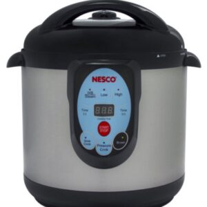 9.5 qt Digital Smart Pressure Canner & Cooker NESCO Designed for pressure canning, pressure cooking, steam cooking, and slow cooking Multiple built-in safety features control and regulate the pressure continuously and allow you to can and cook without worry The safety lock lid with automatic float valve ensures that the lid fits correctly and identifies when pressure is present The durable stainless steel body is lightweight and has side handles for safe handling The removable 9.5 qt non-stick cooking chamber is dishwasher safe and can hold and process four Quart, five Pint, or sixteen 4 oz Jelly jars at a time Includes canning rack, steam rack, and removable condensation catcher Item measures 17 in L x 17 in W x 18 in H Weight: Approximately: 20 pounds