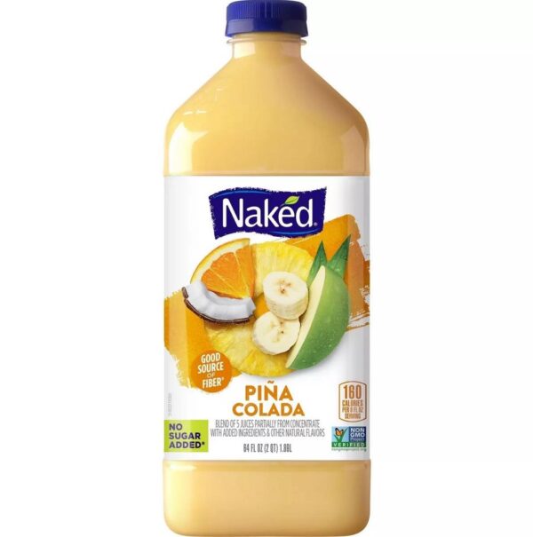 Naked Juice Pina Colada Includes 1 (64oz) bottle of Naked Juice, Pina Colada flavor Sunkissed pineapple, sweet apple, ripe banana, creamy coconut milk & juicy orange form an irresistible, island-inspired blend. Drink umbrella optional. Non-GMO Project Verified No Sugar Added. Contains: Does Not Contain Any of the 8 Major Allergens Features: No Added Sugar, No Preservatives Dietary Needs: Gluten Free, Vegan, Kosher, Non-GMO Project Verified, Certified Gluten Free