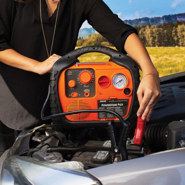 Wagan Power Dome PLEX Jump Starter Air Compressor and Inverter Jump starter features: Battery jump starter: 300 cranking amps; 1,000 peak amps 12-volt, 14 Ah sealed lead-acid battery Antisparking (via safety switch) and reverse polarity (indicator light protection) 6 gauge, 24 in. jumper cable Air compressor features: 260 PSI air compressor with analog pressure gauge High-temperature automatic shutdown Includes air hose nozzle adapter tips Power inverter features: 400 watts AC continuous; 800 watts peak surge Two 115-volt, 60 Hz AC outlets 40 amp built-in external fuse (replaceable) inverter overload protection Additional features include: 12-volt, 11 amps max outlet 5-volt, 2.1 amp USB power port AM/FM radio with 3.5 mm aux input 50 lumen, 5-LED work light Analog voltmeter AC charging time: 34 hours DC charging time: 12 hours Ability to accept 12-volt solar panel for charging Includes charging adapters for vehicle (12-volt DC) and home (110-volt AC) Dimensions: 12 in. W x 9 in. L x 11.5 in. H Weight: 17.5 lbs.