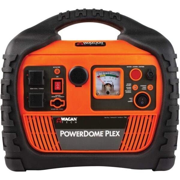 Wagan Power Dome PLEX Jump Starter Air Compressor and Inverter Jump starter features: Battery jump starter: 300 cranking amps; 1,000 peak amps 12-volt, 14 Ah sealed lead-acid battery Antisparking (via safety switch) and reverse polarity (indicator light protection) 6 gauge, 24 in. jumper cable Air compressor features: 260 PSI air compressor with analog pressure gauge High-temperature automatic shutdown Includes air hose nozzle adapter tips Power inverter features: 400 watts AC continuous; 800 watts peak surge Two 115-volt, 60 Hz AC outlets 40 amp built-in external fuse (replaceable) inverter overload protection Additional features include: 12-volt, 11 amps max outlet 5-volt, 2.1 amp USB power port AM/FM radio with 3.5 mm aux input 50 lumen, 5-LED work light Analog voltmeter AC charging time: 34 hours DC charging time: 12 hours Ability to accept 12-volt solar panel for charging Includes charging adapters for vehicle (12-volt DC) and home (110-volt AC) Dimensions: 12 in. W x 9 in. L x 11.5 in. H Weight: 17.5 lbs.