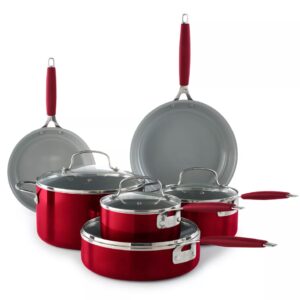 Food Network™ 10-pc. Nonstick Ceramic Cookware Set Durable, two-layer ceramic coating for easy release Tempered glass lids seal in moisture and flavor Comfortable stay-cool silicone handles Electric, gas and glass cooktop safe PFOA-free 1.5-qt. covered saucepan 2.5-qt. covered saucepan 3-qt. covered saute pan 6-qt. covered stockpot 8-in. skillet 10-in. skillet Aluminum, silicone, glass, ceramic Hand wash Oven safe up to 350°F (without lids) Safe for use with nylon, silicone and wood utensils Not safe for use with metal utensils