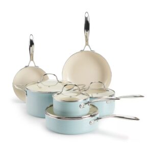 Food Network™ light blue Farmstead 10-pc. Nonstick Ceramic Cookware Set Titanium-infused ceramic nonstick coating is PFOA and PTFE-Free Forged aluminum sides and base for increased strength and durability Tempered glass lids allow you to monitor your food without disturbing the cooking process Safe for use on gas, electric and glass/ceramic cooktops 1.5-qt. covered saucepan 2.5-qt. covered saucepan 3-qt. covered saute pan 6-qt. covered Dutch oven 8-in. open frypan 10-in. open frypan Aluminum, ceramic