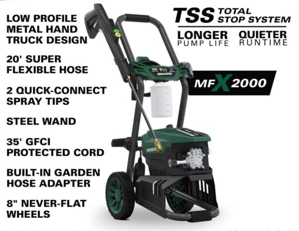 Masterforce® 2000 PSI 1.7 GPM 13-Amp Corded Electric Pressure Washer Maxing at 2,000 PSI and 1.7 GPM, the Masterforce® pressure washer offers incredible versatility in your cleaning applications. The durable universal motor and Total Stop System (TSS) makes it quieter and offers a longer life expectancy. Included in the package are two quick-connect nozzles: 15 degree and rotary. Also included is a high-pressure foam cannon that allows for long distance soap coverage and better results than water alone. Universal motor High-pressure foam cannon Low profile Onboard storage 2 quick-connect nozzles, including a rotary nozzle for hard surfaces, plus a foam cannon attachment 3-year warranty 35' power cord Total Stop System (TSS) - motor runs only when trigger is pulled
