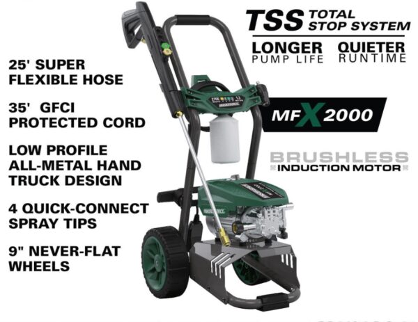 Masterforce™ 2700 PSI 1.3 GPM 15-Amp Corded Electric Pressure Washer Maxing at 2,700 PSI and 1.3 GPM, the Masterforce™ pressure washer offers incredible versatility in your cleaning applications. The induction motor and Total Stop System (TSS) makes it quieter and offers a longer life expectancy than traditional residential pressure washers. Included in the package are three quick-connect nozzles: 15 degree, 25 degree, and rotary. Also included is a high-pressure foam cannon that allows for long distance soap coverage and better results than water alone. Induction motor High-pressure foam cannon Low profile Onboard storage 3 quick-connect nozzles, including a rotary nozzle for hard surfaces, plus a foam cannon attachment 3-year warranty 35' power cord Total Stop System (TSS) - motor runs only when trigger is pulled