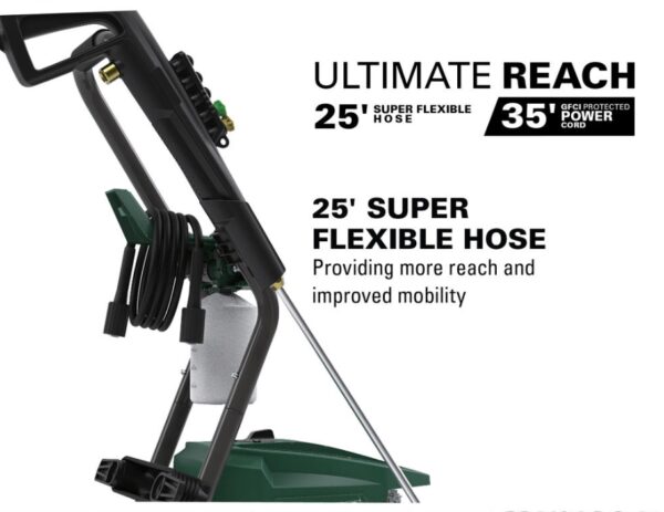 Masterforce™ 2700 PSI 1.3 GPM 15-Amp Corded Electric Pressure Washer Maxing at 2,700 PSI and 1.3 GPM, the Masterforce™ pressure washer offers incredible versatility in your cleaning applications. The induction motor and Total Stop System (TSS) makes it quieter and offers a longer life expectancy than traditional residential pressure washers. Included in the package are three quick-connect nozzles: 15 degree, 25 degree, and rotary. Also included is a high-pressure foam cannon that allows for long distance soap coverage and better results than water alone. Induction motor High-pressure foam cannon Low profile Onboard storage 3 quick-connect nozzles, including a rotary nozzle for hard surfaces, plus a foam cannon attachment 3-year warranty 35' power cord Total Stop System (TSS) - motor runs only when trigger is pulled