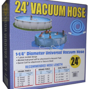 Pool Vacuum Hose Qualco 24' Universal Pool Vacuum Hose This 1-1/4-inch by 24-foot vacuum hose is a one-piece molded design that fits most vacuum heads. It is leak proof and the swivel cuff helps prevent kinks. Universal 1-1/4" vacuum hose 1-piece molded design Molded leak-proof cuff for easy attachment Swivel cuff design