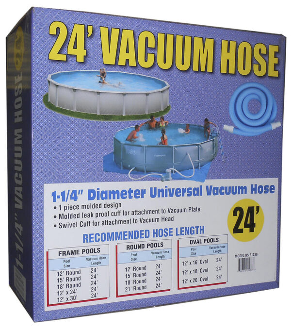 Pool Vacuum Hose Qualco 24' Universal Pool Vacuum Hose This 1-1/4-inch by 24-foot vacuum hose is a one-piece molded design that fits most vacuum heads. It is leak proof and the swivel cuff helps prevent kinks. Universal 1-1/4" vacuum hose 1-piece molded design Molded leak-proof cuff for easy attachment Swivel cuff design