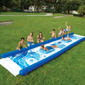 Wow World of Watersports Super Slide, 25 x 6 Water Slide The Wow World of Watersports Super Slide is made from extra thick, heavy-duty, super-slick embossed PVC. It's more than twice as thick as most of the slides on the market. And there's no need to add dish soap to keep this slide slippery. Our zig-zag-patterned, 25′ embedded sprinkler system connects to the standard backyard hose, runs the length of the slide and has 100% water coverage with no dry spots. We also installed sidewall pontoons to keep the water on the slide as well as your kids. Our favorite feature is the customized connection system at the ends of each pontoon, so you can put two or more of slides together for an even longer slide and double the fun! Giant 25' x 6' backyard lawn slide with sprinkler system Zigzag construction sprinkler system runs the length of the slide Connects easily to your backyard water hose Extra-thick, heavy-duty PVC More than twice as thick as most lawn slides on the market Super-slick non-embossed PVC with no need to add soap 8" high side-wall pontoons to keep sliders and water on the slide Two 36" x 24" Super Sleds soften impact when sliding and provides a more slippery slide Customized connection system to connect as many slides together as you want Can connect to any of the other WOW 6 x 25’ giant slides Make your own 100' slide Quick and easy setup