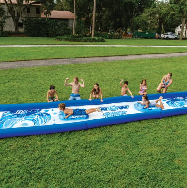 Wow World of Watersports Super Slide, 25 x 6 Water Slide The Wow World of Watersports Super Slide is made from extra thick, heavy-duty, super-slick embossed PVC. It's more than twice as thick as most of the slides on the market. And there's no need to add dish soap to keep this slide slippery. Our zig-zag-patterned, 25′ embedded sprinkler system connects to the standard backyard hose, runs the length of the slide and has 100% water coverage with no dry spots. We also installed sidewall pontoons to keep the water on the slide as well as your kids. Our favorite feature is the customized connection system at the ends of each pontoon, so you can put two or more of slides together for an even longer slide and double the fun! Giant 25' x 6' backyard lawn slide with sprinkler system Zigzag construction sprinkler system runs the length of the slide Connects easily to your backyard water hose Extra-thick, heavy-duty PVC More than twice as thick as most lawn slides on the market Super-slick non-embossed PVC with no need to add soap 8" high side-wall pontoons to keep sliders and water on the slide Two 36" x 24" Super Sleds soften impact when sliding and provides a more slippery slide Customized connection system to connect as many slides together as you want Can connect to any of the other WOW 6 x 25’ giant slides Make your own 100' slide Quick and easy setup