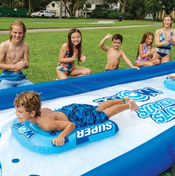 Wow World of Watersports Super Slide, 25 x 6 Water Slide The Wow World of Watersports Super Slide is made from extra thick, heavy-duty, super-slick embossed PVC. It's more than twice as thick as most of the slides on the market. And there's no need to add dish soap to keep this slide slippery. Our zig-zag-patterned, 25′ embedded sprinkler system connects to the standard backyard hose, runs the length of the slide and has 100% water coverage with no dry spots. We also installed sidewall pontoons to keep the water on the slide as well as your kids. Our favorite feature is the customized connection system at the ends of each pontoon, so you can put two or more of slides together for an even longer slide and double the fun! Giant 25' x 6' backyard lawn slide with sprinkler system Zigzag construction sprinkler system runs the length of the slide Connects easily to your backyard water hose Extra-thick, heavy-duty PVC More than twice as thick as most lawn slides on the market Super-slick non-embossed PVC with no need to add soap 8" high side-wall pontoons to keep sliders and water on the slide Two 36" x 24" Super Sleds soften impact when sliding and provides a more slippery slide Customized connection system to connect as many slides together as you want Can connect to any of the other WOW 6 x 25’ giant slides Make your own 100' slide Quick and easy setup