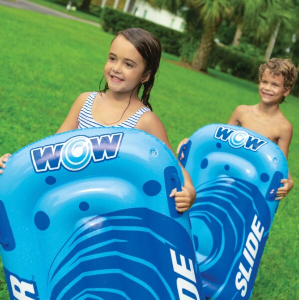Wow World of Watersports Super Slide, 25 x 6 Water Slide The Wow World of Watersports Super Slide is made from extra thick, heavy-duty, super-slick embossed PVC. It's more than twice as thick as most of the slides on the market. And there's no need to add dish soap to keep this slide slippery. Our zig-zag-patterned, 25′ embedded sprinkler system connects to the standard backyard hose, runs the length of the slide and has 100% water coverage with no dry spots. We also installed sidewall pontoons to keep the water on the slide as well as your kids. Our favorite feature is the customized connection system at the ends of each pontoon, so you can put two or more of slides together for an even longer slide and double the fun! Giant 25' x 6' backyard lawn slide with sprinkler system Zigzag construction sprinkler system runs the length of the slide Connects easily to your backyard water hose Extra-thick, heavy-duty PVC More than twice as thick as most lawn slides on the market Super-slick non-embossed PVC with no need to add soap 8" high side-wall pontoons to keep sliders and water on the slide Two 36" x 24" Super Sleds soften impact when sliding and provides a more slippery slide Customized connection system to connect as many slides together as you want Can connect to any of the other WOW 6 x 25’ giant slides Make your own 100' slide Quick and easy setup