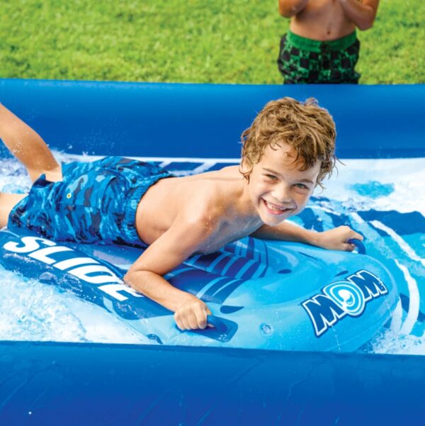 Wow World of Watersports Super Slide, 25 x 6 Water Slide The Wow World of Watersports Super Slide is made from extra thick, heavy-duty, super-slick embossed PVC. It's more than twice as thick as most of the slides on the market. And there's no need to add dish soap to keep this slide slippery. Our zig-zag-patterned, 25′ embedded sprinkler system connects to the standard backyard hose, runs the length of the slide and has 100% water coverage with no dry spots. We also installed sidewall pontoons to keep the water on the slide as well as your kids. Our favorite feature is the customized connection system at the ends of each pontoon, so you can put two or more of slides together for an even longer slide and double the fun! Giant 25' x 6' backyard lawn slide with sprinkler system Zigzag construction sprinkler system runs the length of the slide Connects easily to your backyard water hose Extra-thick, heavy-duty PVC More than twice as thick as most lawn slides on the market Super-slick non-embossed PVC with no need to add soap 8" high side-wall pontoons to keep sliders and water on the slide Two 36" x 24" Super Sleds soften impact when sliding and provides a more slippery slide Customized connection system to connect as many slides together as you want Can connect to any of the other WOW 6 x 25’ giant slides Make your own 100' slide Quick and easy setup