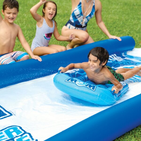 Wow World of Watersports Super Slide, 25 x 6 Water Slide The Wow World of Watersports Super Slide is made from extra thick, heavy-duty, super-slick embossed PVC. It's more than twice as thick as most of the slides on the market. And there's no need to add dish soap to keep this slide slippery. Our zig-zag-patterned, 25′ embedded sprinkler system connects to the standard backyard hose, runs the length of the slide and has 100% water coverage with no dry spots. We also installed sidewall pontoons to keep the water on the slide as well as your kids. Our favorite feature is the customized connection system at the ends of each pontoon, so you can put two or more of slides together for an even longer slide and double the fun! Giant 25' x 6' backyard lawn slide with sprinkler system Zigzag construction sprinkler system runs the length of the slide Connects easily to your backyard water hose Extra-thick, heavy-duty PVC More than twice as thick as most lawn slides on the market Super-slick non-embossed PVC with no need to add soap 8" high side-wall pontoons to keep sliders and water on the slide Two 36" x 24" Super Sleds soften impact when sliding and provides a more slippery slide Customized connection system to connect as many slides together as you want Can connect to any of the other WOW 6 x 25’ giant slides Make your own 100' slide Quick and easy setup