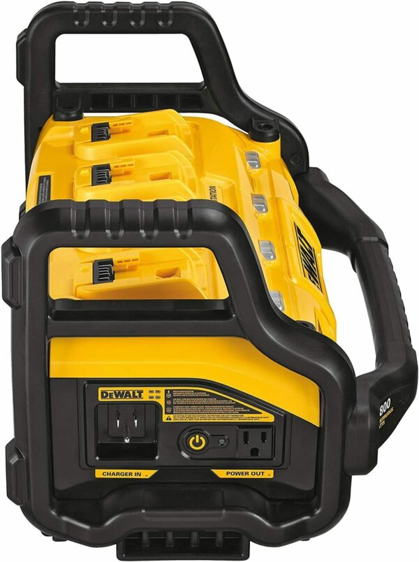 dewalt 20vmax FLEXVOLT Power Station, Portable, Tool Only Flexible - the power of corded. The freedom of cordless. 1800 watt Portable power Station 4 port parallel charger Four 20V MAX* batteries in, 15 amps out (batteries sold separately) Take cordless power anywhere Battery & Charger Sold Separately Dimensions 10.75 x 12.75 x 21.3 inches 3 year limited warranty