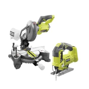 ryobi ONE+ 18V Lithium-Ion Cordless 7-1 4 in. Compound Miter Saw and Orbital Jig Saw (Tools Only) RYOBI introduces the 18V ONE+ Lithium-Ion Cordless 7-1/4 in. Compound Miter Saw and Orbital Jig Saw (Tools Only). The 18V ONE+ Lithium-Ion Cordless 7-1/4 in. Compound Miter Saw has a compact and lightweight design which is great for moving from jobsite to jobsite or for any DIY projects around your home. Its 2 in. x 4 in. cutting capacity and 4-1/4 in. cross cut capacity make it a great tool for any small project. With an adjustable 0°-45° level, you are not limited to 1 cut. The Cordless Orbital Jig Saw provides cutting performance equivalent to a corded jig saw with the portable convenience of battery power. The SPEEDMATCH selector improves cut quality by allowing you to match the speed and orbital settings. A variable-speed dial lets you select between 1100 and 3000 strokes per minute and RYOBIs innovative BladeSaver feature allows access to unused teeth with the adjustable base, extending the blade life. Best of all, it is part of the RYOBI ONE+ System of over 260 cordless tools that all work on the same battery platform. Backed by the RYOBI 3-Year Manufacturer's Warranty, this kit includes an 18V ONE+ Lithium-Ion Cordless 7-1/4 in. Compound Miter Saw with a 24-tooth carbide-tipped blade, blade wrench, dust bag, and work clamp, an 18V ONE+ Cordless Orbital Jig Saw with a wood cutting blade, an Allen wrench, and an operator's manual. Battery and charger sold separately. Orbital Jig Saw: Powerful motor provides corded performance in a battery-operated tool with speed range from 1100 SPM to 3000 SPM Orbital Jig Saw: Innovative BladeSaver feature extends blade life, allowing access to unused teeth with adjustable base Orbital Jig Saw: SPEEDMATCH Selector matches cut speed and type to any application correctly with orbital and non-orbital settings Orbital Jig Saw: Tool-free blade clamp makes blade changes quick and easy Orbital Jig Saw: Powerful sight-line blower clears debris for more accurate cutting Orbital Jig Saw: Base adjusts from 0° to 45° right or left Orbital Jig Saw: Flat front and narrow side design for best sight-line Part of the RYOBI 18V ONE+ System of over 260 cordless tools
