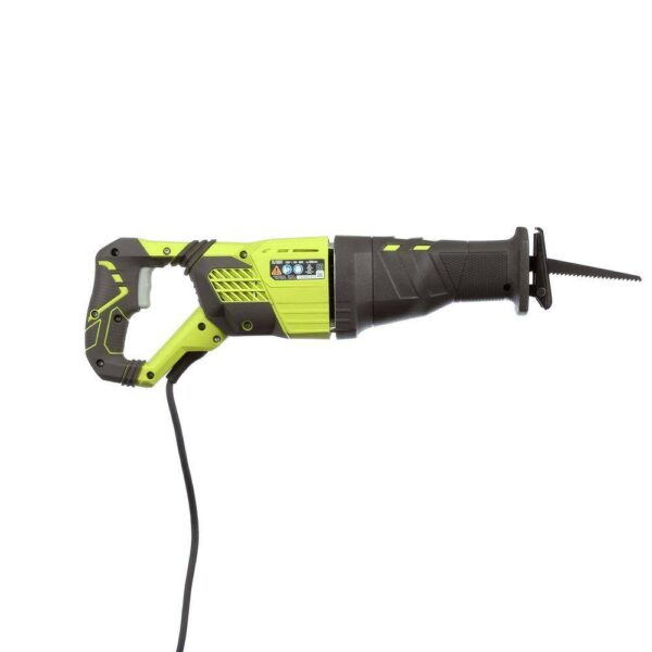 Corded Reciprocating Saw 12 Amp Ryobi RYOBI introduces the 12 Amp Corded Reciprocating Saw, featuring a powerful, heavy duty motor with die-cast aluminum housing for added durability. The 12 Amp motor offers 85% more power than the previous model (RJ165VK), and the variable speed design lets you easily match the speed to each application. A toolless blade change function ensure quick and easy changes, while the adjustable pivoting shoe prolongs your blade life for reliable, long term use. Backed by the RYOBI 3-Year Manufacturer's Warranty, the 12 Amp Reciprocating Saw includes a wood cutting blade and an operator's manual. Over 85% more powerful than previous model (RJ165VK) Variable speed, 2-finger trigger allows user to easily adjust speed to the application Heavy duty 12 Amp motor with die-cast aluminum housing for added durability Adjustable and pivoting shoe prolongs blade life and features toolless blade change GRIPZONE overmold with microtexture provides the highest level of comfort ANTI-VIBE handle reduces user fatigue during prolonged use 3-year manufacturer's warranty Includes: (1) RJ186V 12 Amp Reciprocating Saw, (1) wood cutting blade, and operator's manual