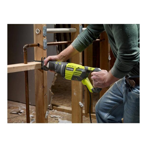 Corded Reciprocating Saw 12 Amp Ryobi RYOBI introduces the 12 Amp Corded Reciprocating Saw, featuring a powerful, heavy duty motor with die-cast aluminum housing for added durability. The 12 Amp motor offers 85% more power than the previous model (RJ165VK), and the variable speed design lets you easily match the speed to each application. A toolless blade change function ensure quick and easy changes, while the adjustable pivoting shoe prolongs your blade life for reliable, long term use. Backed by the RYOBI 3-Year Manufacturer's Warranty, the 12 Amp Reciprocating Saw includes a wood cutting blade and an operator's manual. Over 85% more powerful than previous model (RJ165VK) Variable speed, 2-finger trigger allows user to easily adjust speed to the application Heavy duty 12 Amp motor with die-cast aluminum housing for added durability Adjustable and pivoting shoe prolongs blade life and features toolless blade change GRIPZONE overmold with microtexture provides the highest level of comfort ANTI-VIBE handle reduces user fatigue during prolonged use 3-year manufacturer's warranty Includes: (1) RJ186V 12 Amp Reciprocating Saw, (1) wood cutting blade, and operator's manual