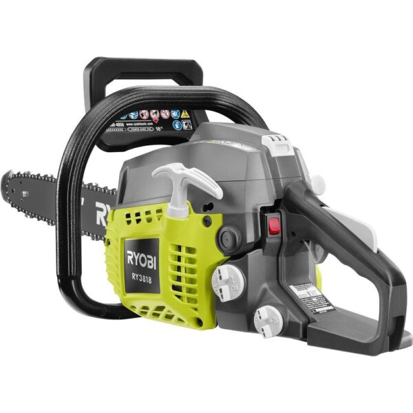 18 in. 38cc 2-Cycle Gas Chainsaw with Heavy Duty Case RYOBI With its powerful 38cc engine, you can trust the RYOBI 18 in. 2-Cycle Chainsaw to get the job done fast. This saw features an anti-vibe handle to provide added stability and comfort while in use. As an additional safeguard, it has an inertia-activated chain brake to stop the chain automatically and a SAFE-T-TIP bar to protect against rotational kickback. Servicing is made easy by the tool-less air filter cover and side-access chain tensioner. The adjustable automatic oiler will ensure a longer bar and chain life. With its durable carrying case, transport and off-season storage are simple and convenient. The smooth operation and 3-year warranty make the RYOBI 18 in. 2-Cycle Chainsaw the ideal choice for tackling a variety of cutting jobs. Powerful 38cc engine Anti-vibe handle for increased comfort Inertia-activated chain brake Safe-t-tip bar protects against rotational kickback Adjustable automatic oiler and side-access chain tensioner Includes a carrying case for transport and storage Backed by a 3-year limited warranty