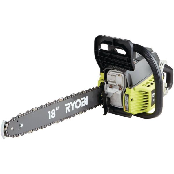 18 in. 38cc 2-Cycle Gas Chainsaw with Heavy Duty Case RYOBI With its powerful 38cc engine, you can trust the RYOBI 18 in. 2-Cycle Chainsaw to get the job done fast. This saw features an anti-vibe handle to provide added stability and comfort while in use. As an additional safeguard, it has an inertia-activated chain brake to stop the chain automatically and a SAFE-T-TIP bar to protect against rotational kickback. Servicing is made easy by the tool-less air filter cover and side-access chain tensioner. The adjustable automatic oiler will ensure a longer bar and chain life. With its durable carrying case, transport and off-season storage are simple and convenient. The smooth operation and 3-year warranty make the RYOBI 18 in. 2-Cycle Chainsaw the ideal choice for tackling a variety of cutting jobs. Powerful 38cc engine Anti-vibe handle for increased comfort Inertia-activated chain brake Safe-t-tip bar protects against rotational kickback Adjustable automatic oiler and side-access chain tensioner Includes a carrying case for transport and storage Backed by a 3-year limited warranty