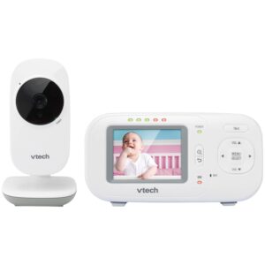 2.4 inches Full-Color Digital Video Baby Monitor & Automatic Night Vision VETCH The VTech VM2251 2.4 in. Digital Video Baby Monitor makes it easy to keep an eye and ear on your little one from anywhere in the house. The high-resolution color screen on this digital monitor ensures you can see every giggle and smile with full-motion video. Plus, up to 1,000 ft. of range means you can check in from almost anywhere in the house. Extra features include a temperature sensor and a 2-way talk-back intercom that lets you soothe your child without entering the room. Automatic infrared night vision gives you a clear view of the nursery even with the lights out, so you can check in without disturbing your little one. 2-piece video baby monitoring system High-resolution 2.4" color LCD screen 2-way, talk-back intercom Extended range up to 1,000ft Temperature sensor 5-level sound indicator Automatic infrared night vision Secure digital video & audio transmission 2x digital zoom Wall mountable Volume control Rechargeable batteries with low-battery alert on the parent unit Includes AC adapters