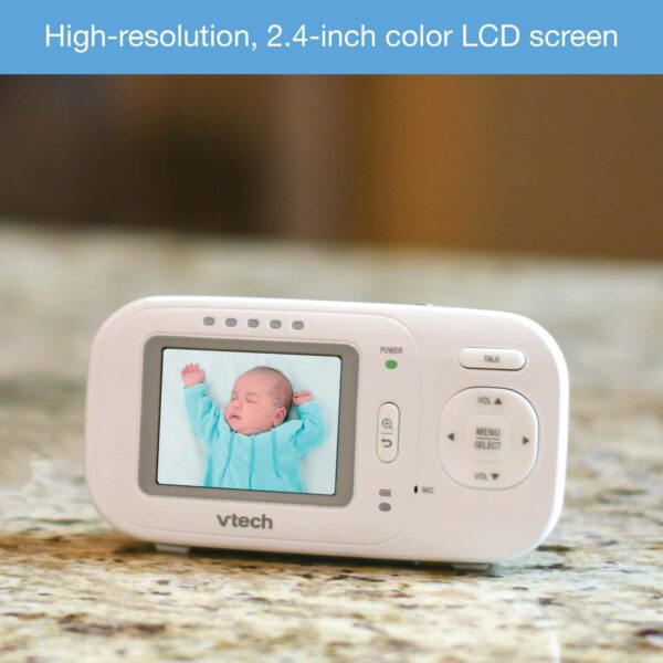 2.4 inches Full-Color Digital Video Baby Monitor & Automatic Night Vision VETCH The VTech VM2251 2.4 in. Digital Video Baby Monitor makes it easy to keep an eye and ear on your little one from anywhere in the house. The high-resolution color screen on this digital monitor ensures you can see every giggle and smile with full-motion video. Plus, up to 1,000 ft. of range means you can check in from almost anywhere in the house. Extra features include a temperature sensor and a 2-way talk-back intercom that lets you soothe your child without entering the room. Automatic infrared night vision gives you a clear view of the nursery even with the lights out, so you can check in without disturbing your little one. 2-piece video baby monitoring system High-resolution 2.4" color LCD screen 2-way, talk-back intercom Extended range up to 1,000ft Temperature sensor 5-level sound indicator Automatic infrared night vision Secure digital video & audio transmission 2x digital zoom Wall mountable Volume control Rechargeable batteries with low-battery alert on the parent unit Includes AC adapters