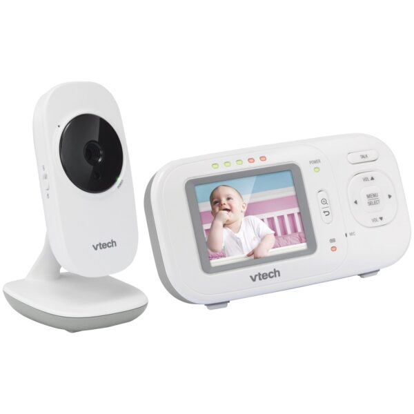 2.4 inches Full-Color Digital Video Baby Monitor & Automatic Night Vision VETCH The VTech VM2251 2.4 in. Digital Video Baby Monitor makes it easy to keep an eye and ear on your little one from anywhere in the house. The high-resolution color screen on this digital monitor ensures you can see every giggle and smile with full-motion video. Plus, up to 1,000 ft. of range means you can check in from almost anywhere in the house. Extra features include a temperature sensor and a 2-way talk-back intercom that lets you soothe your child without entering the room. Automatic infrared night vision gives you a clear view of the nursery even with the lights out, so you can check in without disturbing your little one. 2-piece video baby monitoring system High-resolution 2.4" color LCD screen 2-way, talk-back intercom Extended range up to 1,000ft Temperature sensor 5-level sound indicator Automatic infrared night vision Secure digital video & audio transmission 2x digital zoom Wall mountable Volume control Rechargeable batteries with low-battery alert on the parent unit Includes AC adapters