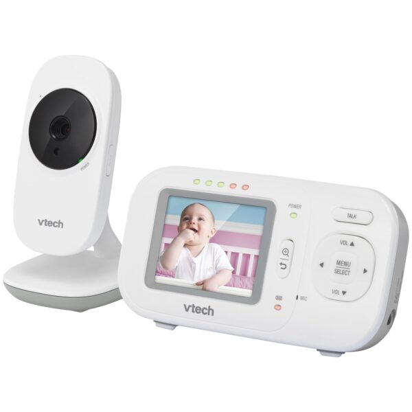 2.4 inches Full-Color Digital Video Baby Monitor & Automatic Night Vision VETCH The VTech VM2251 2.4 in. Digital Video Baby Monitor makes it easy to keep an eye and ear on your little one from anywhere in the house. The high-resolution color screen on this digital monitor ensures you can see every giggle and smile with full-motion video. Plus, up to 1,000 ft. of range means you can check in from almost anywhere in the house. Extra features include a temperature sensor and a 2-way talk-back intercom that lets you soothe your child without entering the room. Automatic infrared night vision gives you a clear view of the nursery even with the lights out, so you can check in without disturbing your little one. 2-piece video baby monitoring system High-resolution 2.4" color LCD screen 2-way, talk-back intercom Extended range up to 1,000ft Temperature sensor 5-level sound indicator Automatic infrared night vision Secure digital video & audio transmission 2x digital zoom Wall mountable Volume control Rechargeable batteries with low-battery alert on the parent unit Includes AC adapters