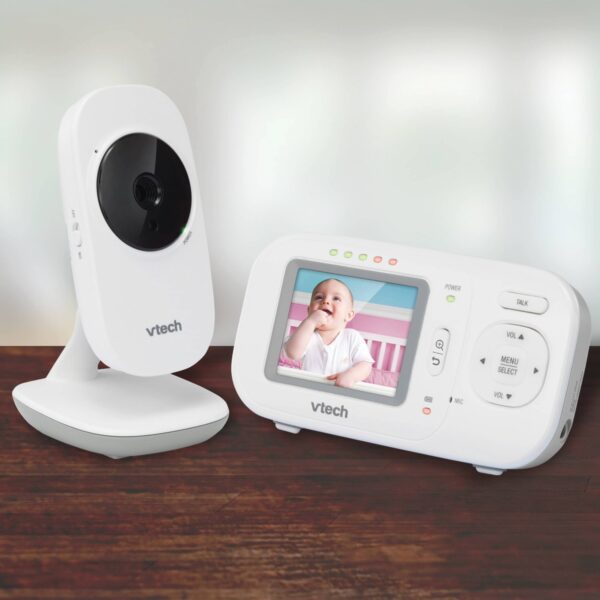 2.4 inches Full-Color Digital Video Baby Monitor & Automatic Night Vision VETCH The VTech VM2251 2.4 in. Digital Video Baby Monitor makes it easy to keep an eye and ear on your little one from anywhere in the house. The high-resolution color screen on this digital monitor ensures you can see every giggle and smile with full-motion video. Plus, up to 1,000 ft. of range means you can check in from almost anywhere in the house. Extra features include a temperature sensor and a 2-way talk-back intercom that lets you soothe your child without entering the room. Automatic infrared night vision gives you a clear view of the nursery even with the lights out, so you can check in without disturbing your little one. 2-piece video baby monitoring system High-resolution 2.4" color LCD screen 2-way, talk-back intercom Extended range up to 1,000ft Temperature sensor 5-level sound indicator Automatic infrared night vision Secure digital video & audio transmission 2x digital zoom Wall mountable Volume control Rechargeable batteries with low-battery alert on the parent unit Includes AC adapters