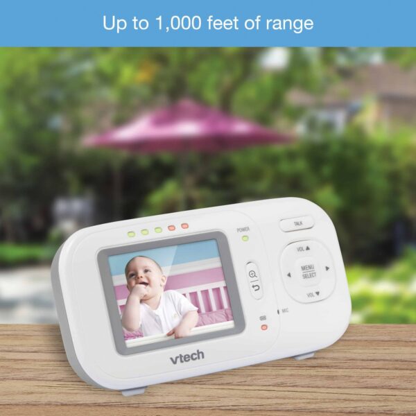 2.4 inches Full-Color Digital Video Baby Monitor & Automatic Night Vision VETCH The VTech VM2251 2.4 in. Digital Video Baby Monitor makes it easy to keep an eye and ear on your little one from anywhere in the house. The high-resolution color screen on this digital monitor ensures you can see every giggle and smile with full-motion video. Plus, up to 1,000 ft. of range means you can check in from almost anywhere in the house. Extra features include a temperature sensor and a 2-way talk-back intercom that lets you soothe your child without entering the room. Automatic infrared night vision gives you a clear view of the nursery even with the lights out, so you can check in without disturbing your little one. 2-piece video baby monitoring system High-resolution 2.4" color LCD screen 2-way, talk-back intercom Extended range up to 1,000ft Temperature sensor 5-level sound indicator Automatic infrared night vision Secure digital video & audio transmission 2x digital zoom Wall mountable Volume control Rechargeable batteries with low-battery alert on the parent unit Includes AC adapters