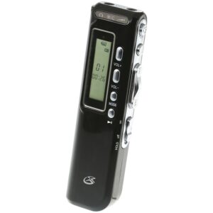 4 GB Digital Voice Recorder GPX Recording is simple again with this PC/Mac compatible digital voice recorder! This 4 GB Digital Voice Recorder from GPX features a voice-activated system that starts and stops automatically with the sound of your voice. It records up to 270 hours' worth of material, depending on the speed you choose. You'll always be prepared for interviews, classes and personal notes with this recorder! 4GB preinstalled flash memory 2 recording speeds: SP/LP Digital audio: MP3 Voice-activated recording Clip-on microphone Earbuds LCD display Mini USB port 3.5mm headphone output Built-in microphone Built-in speaker Skip forward/back/search buttons Play/pause button Hold function On/off switch Digital volume control EQ presets Recording indicator Low battery indicator Battery power indicator Approximate battery life: 13.5 hours recording, 9 hours headphone playback & 3.5 hours speaker playback Includes mini USB to USB cable, 3.5mm audio cable & telephone cable Requires 2 AAA batteries