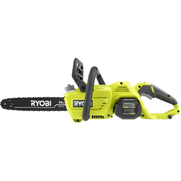 40V Brushless 14 in. Cordless Battery Chainsaw with 4.0 Ah Battery and Charger Ryobi If you've wondered whether a cordless chainsaw could perform as well as gas, Ryobi has your answer. The 14 in. 40V Brushless Chainsaw includes features to make your cutting experiences just as efficient as a gas unit, With the convenience of battery powered operation. With a 4.0 Ah 40V lithium-ion battery and a brushless motor, this saw delivers the fast cutting speed and higher torque you would expect from a gas model. With features like side access chain tensioning, an adjustable automatic oiler, and on-board tool storage, You'll experience easy, comfortable operation for any clearing jobs. As part of the Ryobi 40V system, it is compatible with all 40V batteries and chargers. Best of all, the Ryobi 40V Brushless chainsaw is backed by 5-year warranty - The type of coverage usually found only with professional gas models. With all these gas-like features and power, you can trust your job to Ryobi.