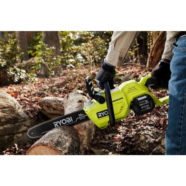 40V Brushless 14 in. Cordless Battery Chainsaw with 4.0 Ah Battery and Charger Ryobi If you've wondered whether a cordless chainsaw could perform as well as gas, Ryobi has your answer. The 14 in. 40V Brushless Chainsaw includes features to make your cutting experiences just as efficient as a gas unit, With the convenience of battery powered operation. With a 4.0 Ah 40V lithium-ion battery and a brushless motor, this saw delivers the fast cutting speed and higher torque you would expect from a gas model. With features like side access chain tensioning, an adjustable automatic oiler, and on-board tool storage, You'll experience easy, comfortable operation for any clearing jobs. As part of the Ryobi 40V system, it is compatible with all 40V batteries and chargers. Best of all, the Ryobi 40V Brushless chainsaw is backed by 5-year warranty - The type of coverage usually found only with professional gas models. With all these gas-like features and power, you can trust your job to Ryobi.