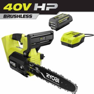 40V HP Brushless 12 in. Top Handle Cordless Battery Chainsaw with 4.0 Battery and Charger RYOBI The 40V 12 in. HP Cordless Top Handle Chainsaw provides gas performance with cordless convenience. With just the pull of a trigger, the 40V HP technology paired with a brushless motor delivers 4X faster cutting, along with longer runtime and motor life. The unique top handle design provides increased user control. With a 10 in. cut capacity, adjustable automatic oiler, side access chain tensioning, and on-board tool storage, this chainsaw will get the job done. The heavy-duty deluxe carrying case allows for easy transportation. Not only does it come with a RYOBI 4Ah lithium-ion battery, but also a RYOBI 40V Quick Charger for 2X faster charging. As part of the RYOBI 40V system, it is compatible with all 40V batteries. Best of all, the RYOBI 40V 12 in. HP Cordless Top Handle Chainsaw is backed by a 5-year warranty. Gas performance, cordless convenience 40V HP technology delivers 4X faster cutting Unique top handle design for increased user control 12 in. bar and chain for 10 in. cut capacity Adjustable automatic oiler for consistent chain lubrication Side access chain tensioning and on-board tool storage for easy adjustments Heavy-duty deluxe carrying case for transportation Includes RYOBI 40V 4 Ah lithium-ion battery Includes RYOBI 40V quick charger for 2X faster charging Works with all RYOBI 40V lithium-ion batteries 5-year tool warranty, 3-year battery warranty