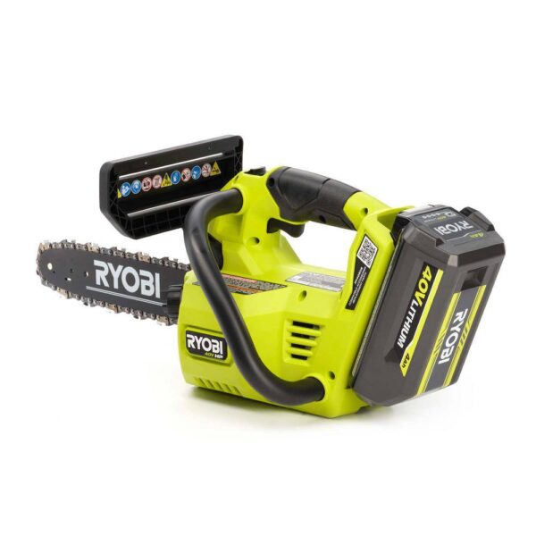 40V HP Brushless 12 in. Top Handle Cordless Battery Chainsaw with 4.0 Battery and Charger RYOBI The 40V 12 in. HP Cordless Top Handle Chainsaw provides gas performance with cordless convenience. With just the pull of a trigger, the 40V HP technology paired with a brushless motor delivers 4X faster cutting, along with longer runtime and motor life. The unique top handle design provides increased user control. With a 10 in. cut capacity, adjustable automatic oiler, side access chain tensioning, and on-board tool storage, this chainsaw will get the job done. The heavy-duty deluxe carrying case allows for easy transportation. Not only does it come with a RYOBI 4Ah lithium-ion battery, but also a RYOBI 40V Quick Charger for 2X faster charging. As part of the RYOBI 40V system, it is compatible with all 40V batteries. Best of all, the RYOBI 40V 12 in. HP Cordless Top Handle Chainsaw is backed by a 5-year warranty. Gas performance, cordless convenience 40V HP technology delivers 4X faster cutting Unique top handle design for increased user control 12 in. bar and chain for 10 in. cut capacity Adjustable automatic oiler for consistent chain lubrication Side access chain tensioning and on-board tool storage for easy adjustments Heavy-duty deluxe carrying case for transportation Includes RYOBI 40V 4 Ah lithium-ion battery Includes RYOBI 40V quick charger for 2X faster charging Works with all RYOBI 40V lithium-ion batteries 5-year tool warranty, 3-year battery warranty