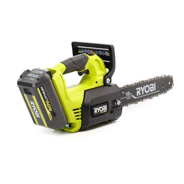 40V HP Brushless 12 in. Top Handle Cordless Battery Chainsaw with 4.0 Battery and Charger RYOBI The 40V 12 in. HP Cordless Top Handle Chainsaw provides gas performance with cordless convenience. With just the pull of a trigger, the 40V HP technology paired with a brushless motor delivers 4X faster cutting, along with longer runtime and motor life. The unique top handle design provides increased user control. With a 10 in. cut capacity, adjustable automatic oiler, side access chain tensioning, and on-board tool storage, this chainsaw will get the job done. The heavy-duty deluxe carrying case allows for easy transportation. Not only does it come with a RYOBI 4Ah lithium-ion battery, but also a RYOBI 40V Quick Charger for 2X faster charging. As part of the RYOBI 40V system, it is compatible with all 40V batteries. Best of all, the RYOBI 40V 12 in. HP Cordless Top Handle Chainsaw is backed by a 5-year warranty. Gas performance, cordless convenience 40V HP technology delivers 4X faster cutting Unique top handle design for increased user control 12 in. bar and chain for 10 in. cut capacity Adjustable automatic oiler for consistent chain lubrication Side access chain tensioning and on-board tool storage for easy adjustments Heavy-duty deluxe carrying case for transportation Includes RYOBI 40V 4 Ah lithium-ion battery Includes RYOBI 40V quick charger for 2X faster charging Works with all RYOBI 40V lithium-ion batteries 5-year tool warranty, 3-year battery warranty