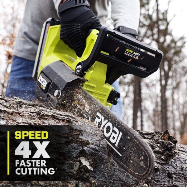 40V HP Brushless 12 in. Top Handle Cordless Battery Chainsaw with 4.0 Battery and Charger RYOBI The 40V 12 in. HP Cordless Top Handle Chainsaw provides gas performance with cordless convenience. With just the pull of a trigger, the 40V HP technology paired with a brushless motor delivers 4X faster cutting, along with longer runtime and motor life. The unique top handle design provides increased user control. With a 10 in. cut capacity, adjustable automatic oiler, side access chain tensioning, and on-board tool storage, this chainsaw will get the job done. The heavy-duty deluxe carrying case allows for easy transportation. Not only does it come with a RYOBI 4Ah lithium-ion battery, but also a RYOBI 40V Quick Charger for 2X faster charging. As part of the RYOBI 40V system, it is compatible with all 40V batteries. Best of all, the RYOBI 40V 12 in. HP Cordless Top Handle Chainsaw is backed by a 5-year warranty. Gas performance, cordless convenience 40V HP technology delivers 4X faster cutting Unique top handle design for increased user control 12 in. bar and chain for 10 in. cut capacity Adjustable automatic oiler for consistent chain lubrication Side access chain tensioning and on-board tool storage for easy adjustments Heavy-duty deluxe carrying case for transportation Includes RYOBI 40V 4 Ah lithium-ion battery Includes RYOBI 40V quick charger for 2X faster charging Works with all RYOBI 40V lithium-ion batteries 5-year tool warranty, 3-year battery warranty