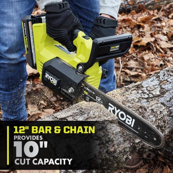 40V HP Brushless 12 in. Top Handle Cordless Battery Chainsaw with 4.0 Battery and Charger RYOBI The 40V 12 in. HP Cordless Top Handle Chainsaw provides gas performance with cordless convenience. With just the pull of a trigger, the 40V HP technology paired with a brushless motor delivers 4X faster cutting, along with longer runtime and motor life. The unique top handle design provides increased user control. With a 10 in. cut capacity, adjustable automatic oiler, side access chain tensioning, and on-board tool storage, this chainsaw will get the job done. The heavy-duty deluxe carrying case allows for easy transportation. Not only does it come with a RYOBI 4Ah lithium-ion battery, but also a RYOBI 40V Quick Charger for 2X faster charging. As part of the RYOBI 40V system, it is compatible with all 40V batteries. Best of all, the RYOBI 40V 12 in. HP Cordless Top Handle Chainsaw is backed by a 5-year warranty. Gas performance, cordless convenience 40V HP technology delivers 4X faster cutting Unique top handle design for increased user control 12 in. bar and chain for 10 in. cut capacity Adjustable automatic oiler for consistent chain lubrication Side access chain tensioning and on-board tool storage for easy adjustments Heavy-duty deluxe carrying case for transportation Includes RYOBI 40V 4 Ah lithium-ion battery Includes RYOBI 40V quick charger for 2X faster charging Works with all RYOBI 40V lithium-ion batteries 5-year tool warranty, 3-year battery warranty