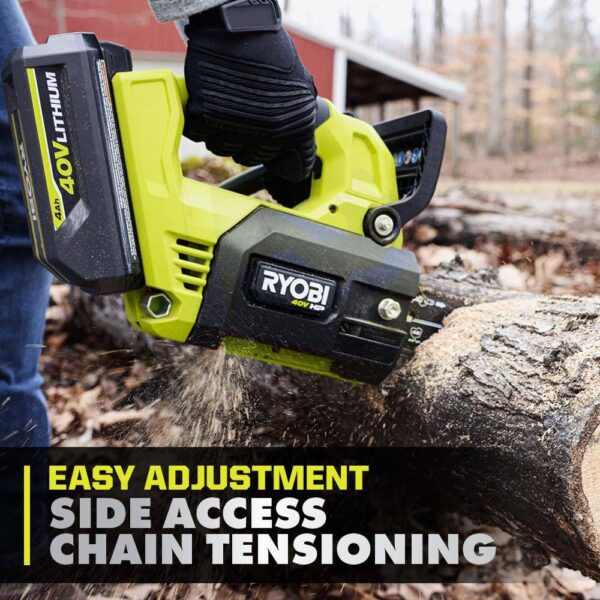 40V HP Brushless 12 in. Top Handle Cordless Battery Chainsaw with 4.0 Battery and Charger RYOBI The 40V 12 in. HP Cordless Top Handle Chainsaw provides gas performance with cordless convenience. With just the pull of a trigger, the 40V HP technology paired with a brushless motor delivers 4X faster cutting, along with longer runtime and motor life. The unique top handle design provides increased user control. With a 10 in. cut capacity, adjustable automatic oiler, side access chain tensioning, and on-board tool storage, this chainsaw will get the job done. The heavy-duty deluxe carrying case allows for easy transportation. Not only does it come with a RYOBI 4Ah lithium-ion battery, but also a RYOBI 40V Quick Charger for 2X faster charging. As part of the RYOBI 40V system, it is compatible with all 40V batteries. Best of all, the RYOBI 40V 12 in. HP Cordless Top Handle Chainsaw is backed by a 5-year warranty. Gas performance, cordless convenience 40V HP technology delivers 4X faster cutting Unique top handle design for increased user control 12 in. bar and chain for 10 in. cut capacity Adjustable automatic oiler for consistent chain lubrication Side access chain tensioning and on-board tool storage for easy adjustments Heavy-duty deluxe carrying case for transportation Includes RYOBI 40V 4 Ah lithium-ion battery Includes RYOBI 40V quick charger for 2X faster charging Works with all RYOBI 40V lithium-ion batteries 5-year tool warranty, 3-year battery warranty