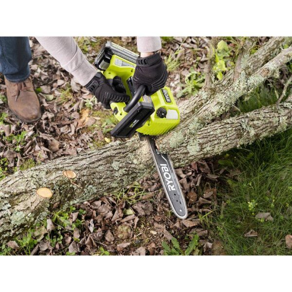 40V HP Brushless 12 in. Top Handle Cordless Battery Chainsaw with 4.0 Battery and Charger RYOBI The 40V 12 in. HP Cordless Top Handle Chainsaw provides gas performance with cordless convenience. With just the pull of a trigger, the 40V HP technology paired with a brushless motor delivers 4X faster cutting, along with longer runtime and motor life. The unique top handle design provides increased user control. With a 10 in. cut capacity, adjustable automatic oiler, side access chain tensioning, and on-board tool storage, this chainsaw will get the job done. The heavy-duty deluxe carrying case allows for easy transportation. Not only does it come with a RYOBI 4Ah lithium-ion battery, but also a RYOBI 40V Quick Charger for 2X faster charging. As part of the RYOBI 40V system, it is compatible with all 40V batteries. Best of all, the RYOBI 40V 12 in. HP Cordless Top Handle Chainsaw is backed by a 5-year warranty. Gas performance, cordless convenience 40V HP technology delivers 4X faster cutting Unique top handle design for increased user control 12 in. bar and chain for 10 in. cut capacity Adjustable automatic oiler for consistent chain lubrication Side access chain tensioning and on-board tool storage for easy adjustments Heavy-duty deluxe carrying case for transportation Includes RYOBI 40V 4 Ah lithium-ion battery Includes RYOBI 40V quick charger for 2X faster charging Works with all RYOBI 40V lithium-ion batteries 5-year tool warranty, 3-year battery warranty