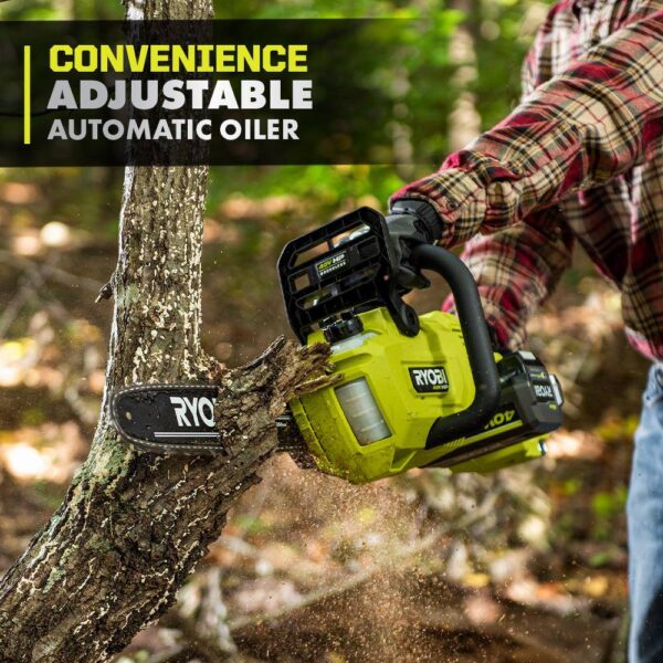 40V HP Brushless 14 in. Electric Cordless Chainsaw with 4.0 Ah Battery and Charger RYOBI The 40V HP 14in Cordless Chainsaw includes features to make your cutting experiences more efficient than a gas unit, With the convenience of battery powered operation. With the pull of a trigger, the 40V HP technology paired with a brushless motor delivers 15% more power, Along with longer runtime and motor life. With a 24" cut capacity, adjustable automatic oiler, side access chain tensioning, and on-board tool storage, You'll experience easy, comfortable operation for any clearing jobs. As part of the Ryobi 40V system, it is compatible with all 40V batteries. Best of all, the Ryobi 40V 14" HP Cordless Chainsaw is backed by 5-year warranty.