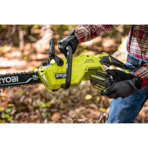 40V HP Brushless 14 in. Electric Cordless Chainsaw with 4.0 Ah Battery and Charger RYOBI The 40V HP 14in Cordless Chainsaw includes features to make your cutting experiences more efficient than a gas unit, With the convenience of battery powered operation. With the pull of a trigger, the 40V HP technology paired with a brushless motor delivers 15% more power, Along with longer runtime and motor life. With a 24" cut capacity, adjustable automatic oiler, side access chain tensioning, and on-board tool storage, You'll experience easy, comfortable operation for any clearing jobs. As part of the Ryobi 40V system, it is compatible with all 40V batteries. Best of all, the Ryobi 40V 14" HP Cordless Chainsaw is backed by 5-year warranty.