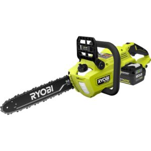 40V HP Brushless 14 in. Electric Cordless Chainsaw with 4.0 Ah Battery and Charger RYOBI The 40V HP 14in Cordless Chainsaw includes features to make your cutting experiences more efficient than a gas unit, With the convenience of battery powered operation. With the pull of a trigger, the 40V HP technology paired with a brushless motor delivers 15% more power, Along with longer runtime and motor life. With a 24" cut capacity, adjustable automatic oiler, side access chain tensioning, and on-board tool storage, You'll experience easy, comfortable operation for any clearing jobs. As part of the Ryobi 40V system, it is compatible with all 40V batteries. Best of all, the Ryobi 40V 14" HP Cordless Chainsaw is backed by 5-year warranty.