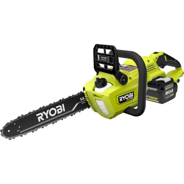 40V HP Brushless 14 in. Electric Cordless Chainsaw with 4.0 Ah Battery and Charger RYOBI The 40V HP 14in Cordless Chainsaw includes features to make your cutting experiences more efficient than a gas unit, With the convenience of battery powered operation. With the pull of a trigger, the 40V HP technology paired with a brushless motor delivers 15% more power, Along with longer runtime and motor life. With a 24" cut capacity, adjustable automatic oiler, side access chain tensioning, and on-board tool storage, You'll experience easy, comfortable operation for any clearing jobs. As part of the Ryobi 40V system, it is compatible with all 40V batteries. Best of all, the Ryobi 40V 14" HP Cordless Chainsaw is backed by 5-year warranty.